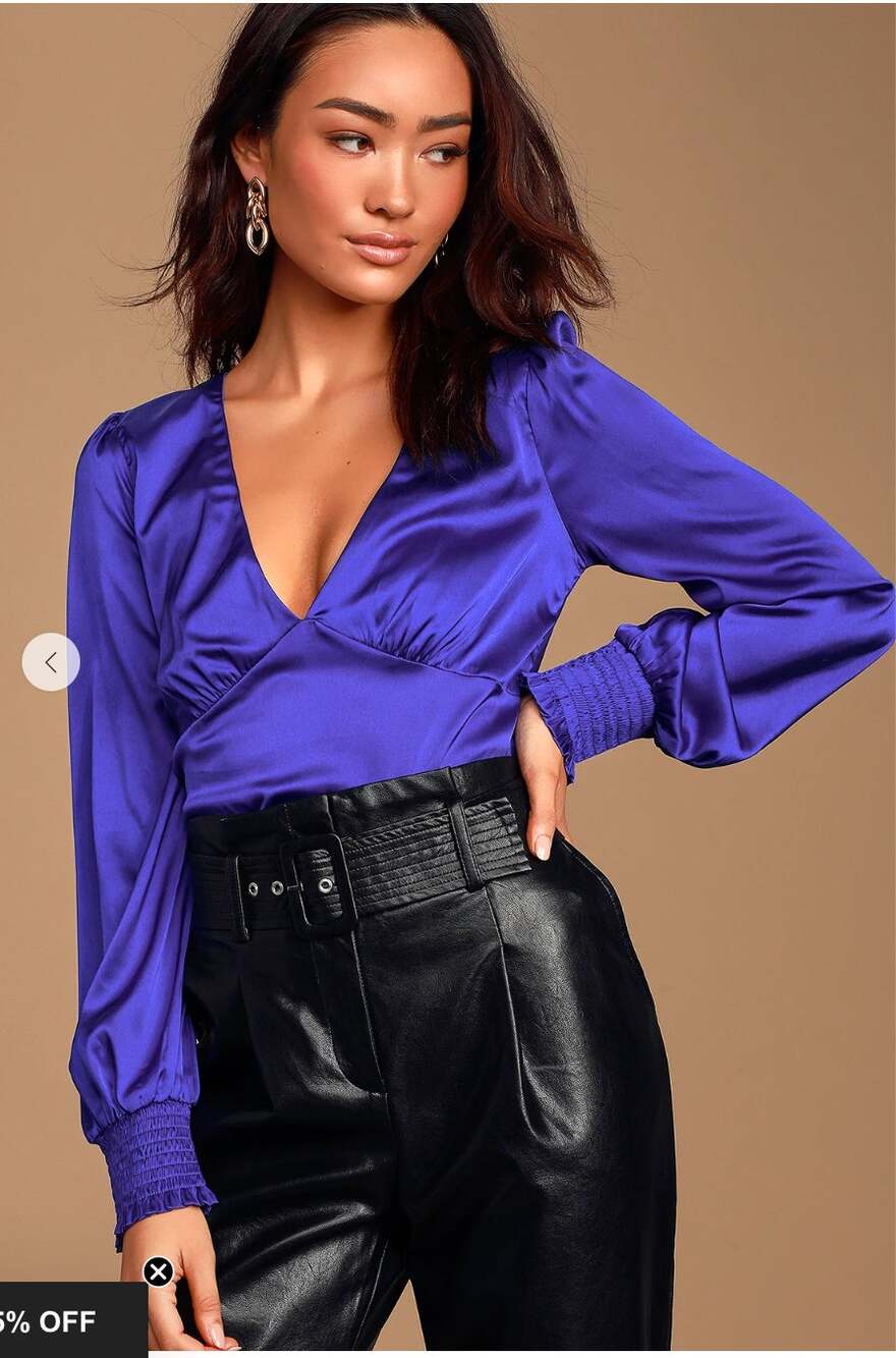 LULUS Head Held High Cobalt Blue Satin Long Sleeve Silky Blouse // XS